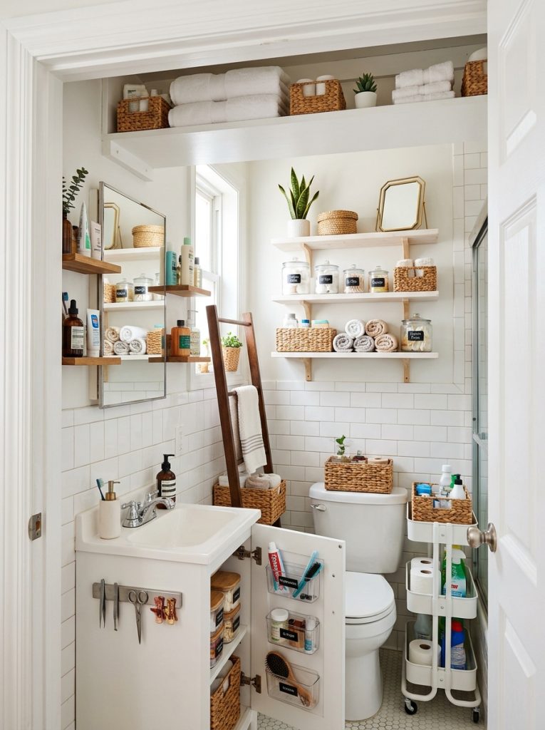 eautiful tiny bathroom storage ideas with creative solutions using vertical space door storage magnetic strips multi-purpose furniture in compact bathroom