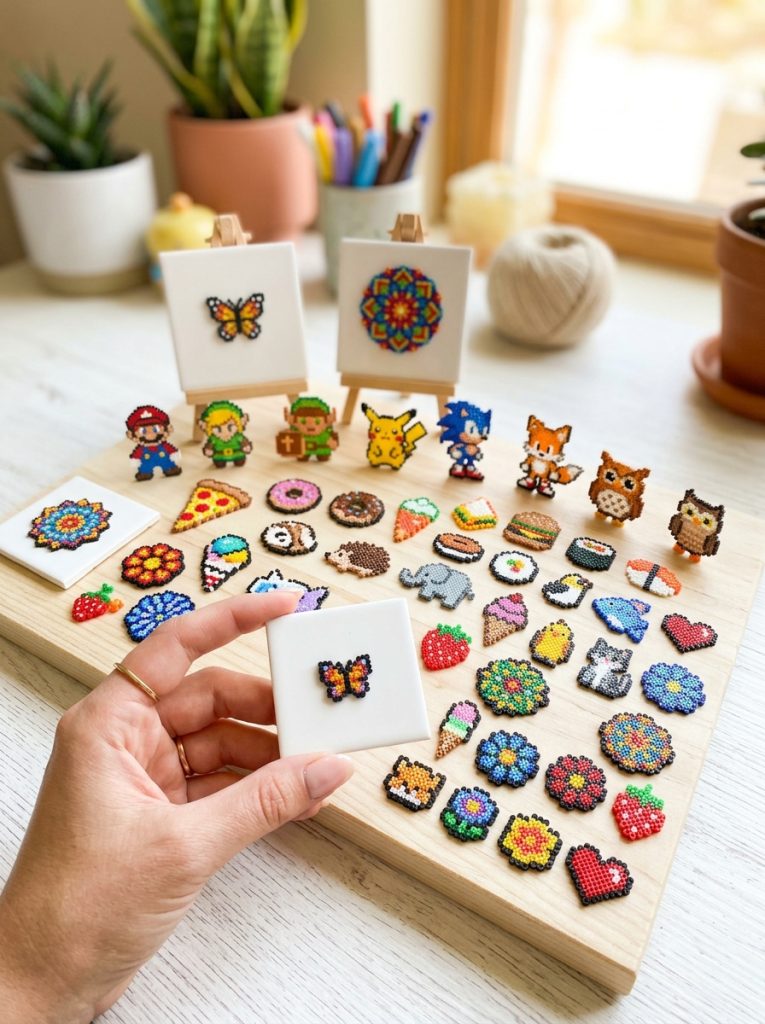 Beautiful tiny mini perler bead patterns with small character sprites miniature food animals and geometric designs showing extraordinary miniature detail 