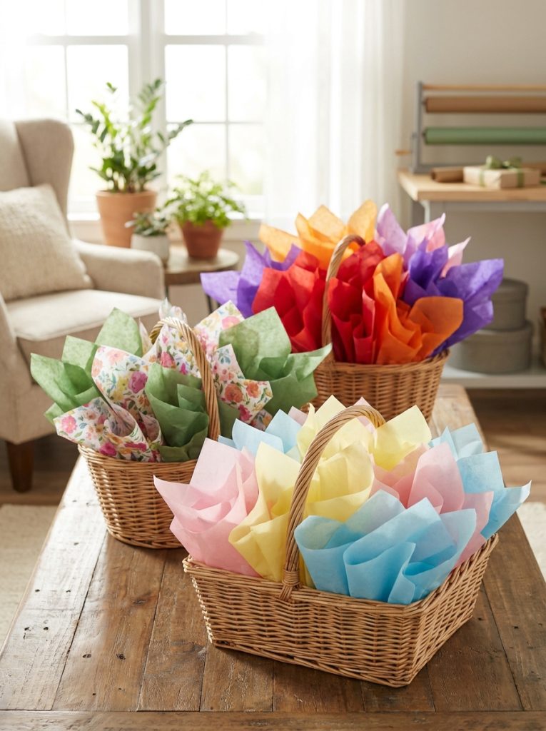 Beautiful tissue paper gift basket ideas with different styles of overflowing colorful carefully folded patterned and mixed tissue paper 
