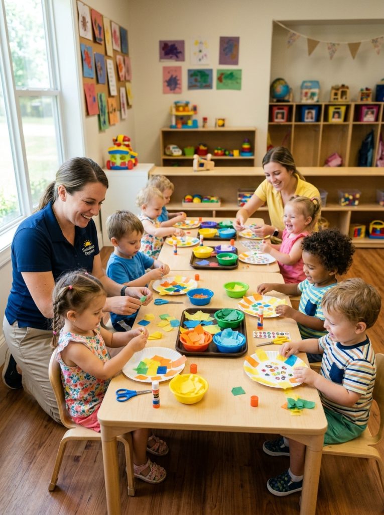  Toddler daycare group doing easy fun summer crafts at long table with multiple young children in organized cheerful session 