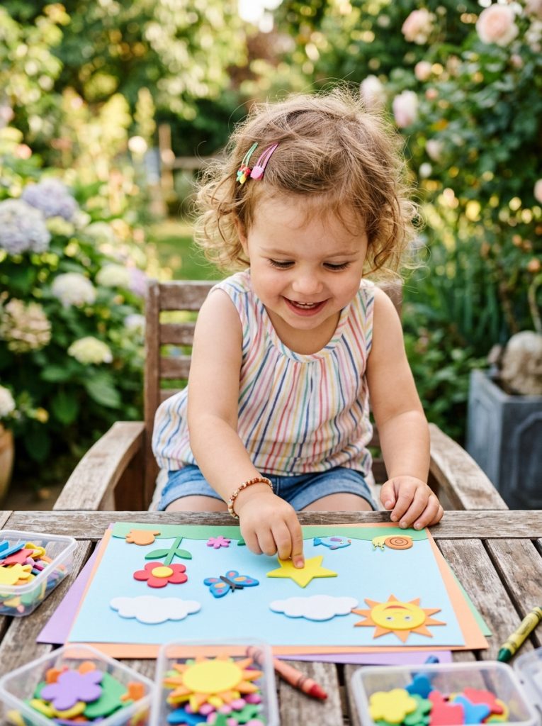  Toddler pressing colorful foam sticker shapes onto paper creating bright summer scene with sun cloud flower and animal stickers