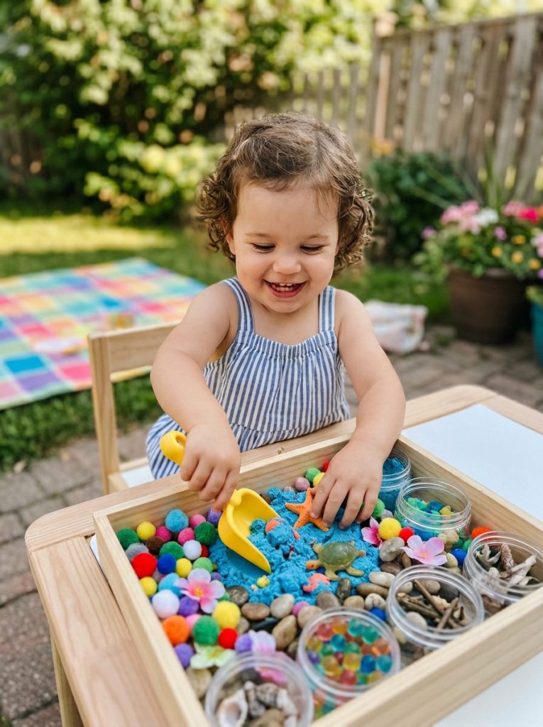 oddler exploring colorful sensory summer craft materials and textures from age-appropriate sensory kit in joyful developmental play