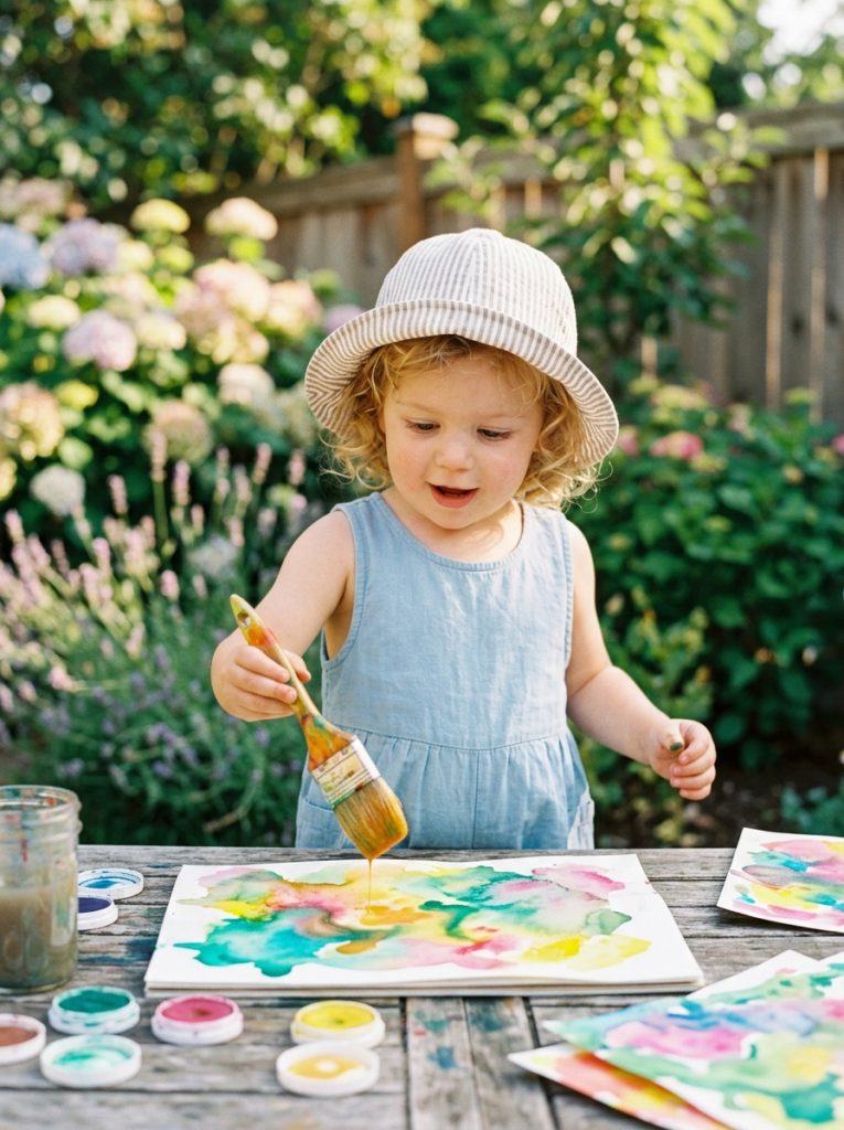  Toddler doing simple watercolor easy summer crafts watching bright summer colors spread and blend on wet paper with wonder