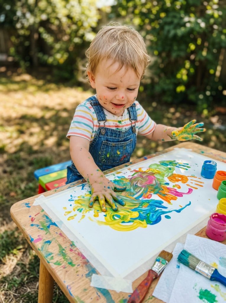 oddler finger painting easy summer crafts with paint covered hands pressing bright summer colors on large paper with pure joy 