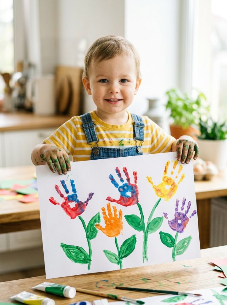  Adorable handprint summer flower toddler crafts with colorful handprint petals green stems and leaves creating flower garden 