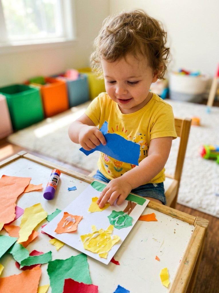 Toddler doing easy summer arts and crafts collage tearing colorful paper and sticking pieces onto card for summer scene 