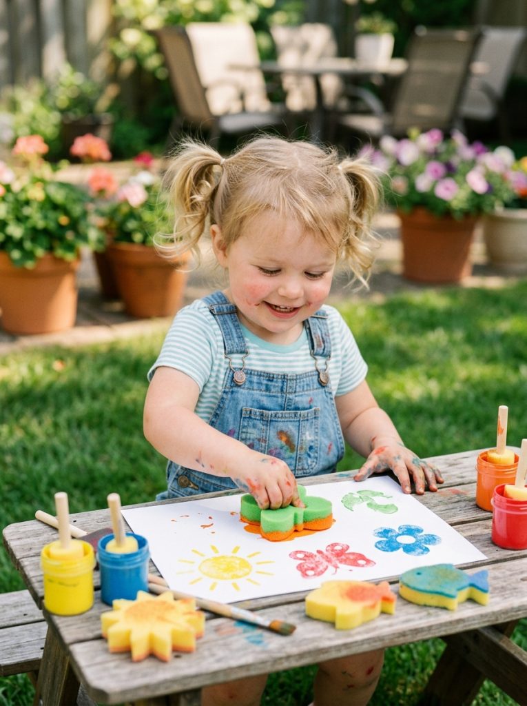  Toddler doing cute sponge stamp easy summer crafts pressing sun flower and butterfly stampers into bright paint creating colorful prints