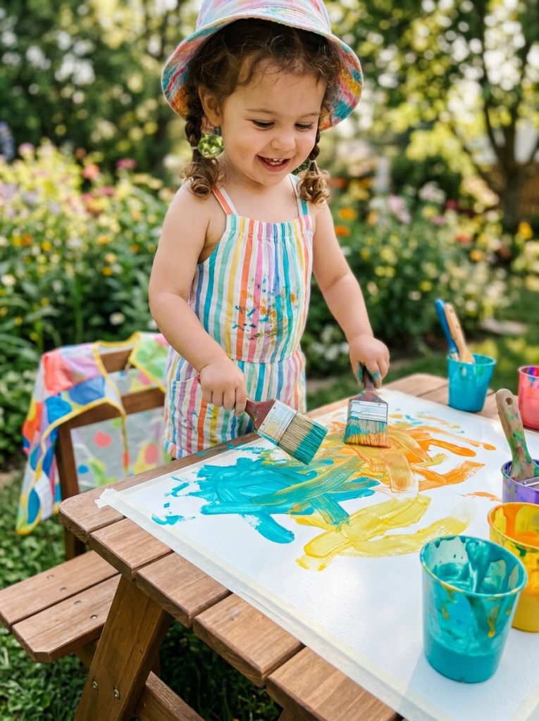  Toddler using chunky paintbrushes for easy summer craft painting making confident broad strokes in summer colors on large paper