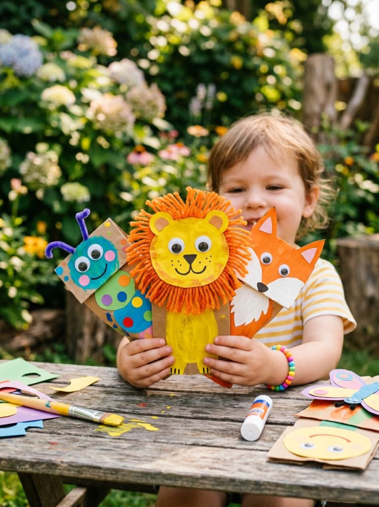  Adorable paper bag puppet easy summer crafts made by toddlers with painted faces googly eyes and paper details as animal puppets