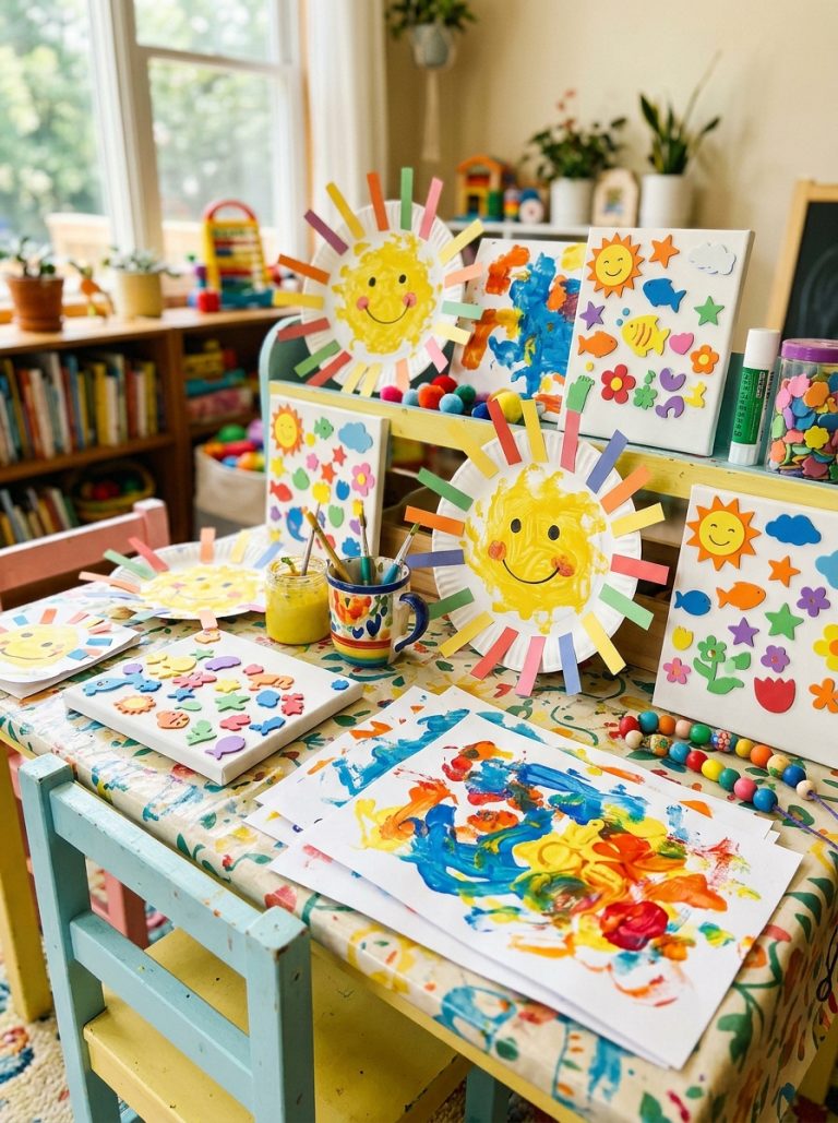 Colorful toddler summer craft table with finger painted art paper plate sunshine foam sticker creations and chunky painted masterpieces