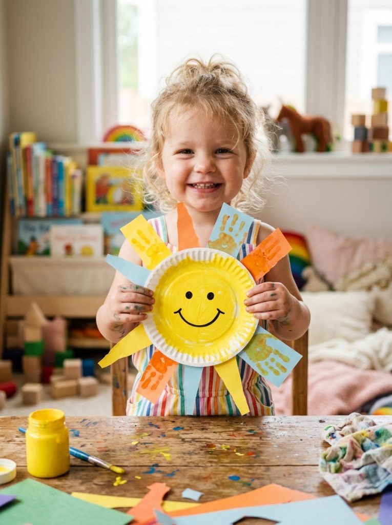  Adorable paper plate sunshine easy summer craft made by toddler with yellow plate tissue paper rays and smiley face 