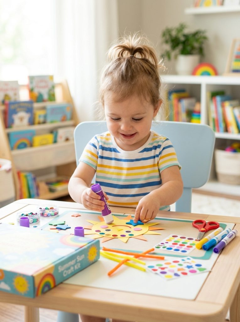 Toddler happily using easy all-in-one summer craft kit at bright toddler table with age-appropriate summer craft materials 