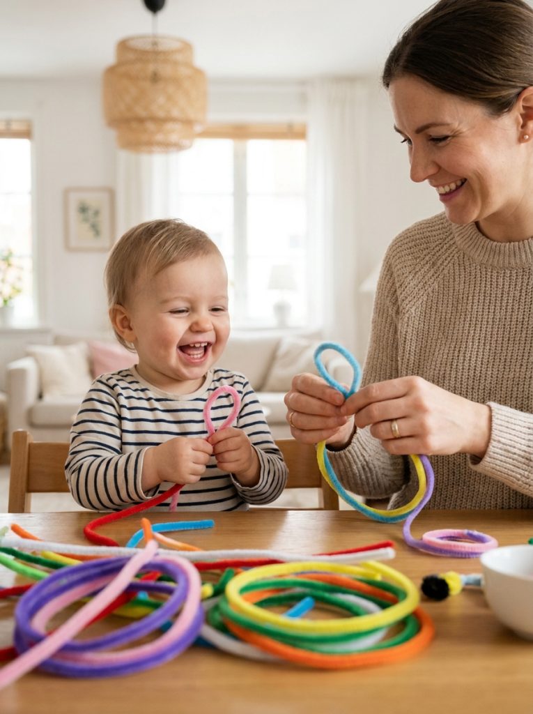 Simple pipe cleaner crafts made by toddlers with young children bending soft pipe cleaners into shapes with adult supervision