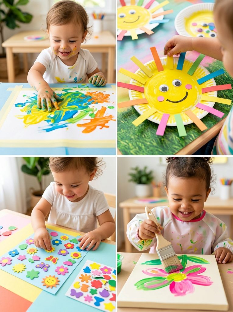 Four easy summer crafts for toddlers including finger painting summer colors paper plate sunshine foam sticker art and chunky brush flower