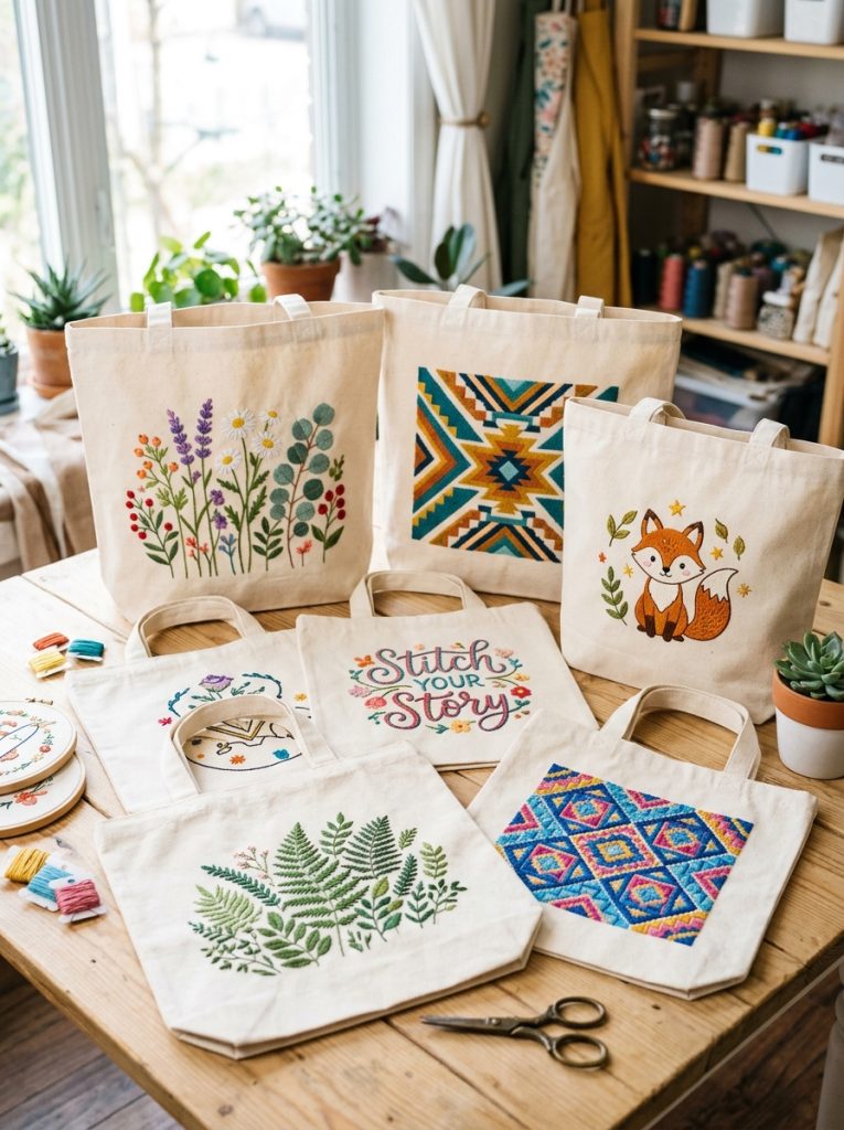 Beautiful tote bag embroidery with botanical stems geometric patterns character designs and creative text on plain canvas bag