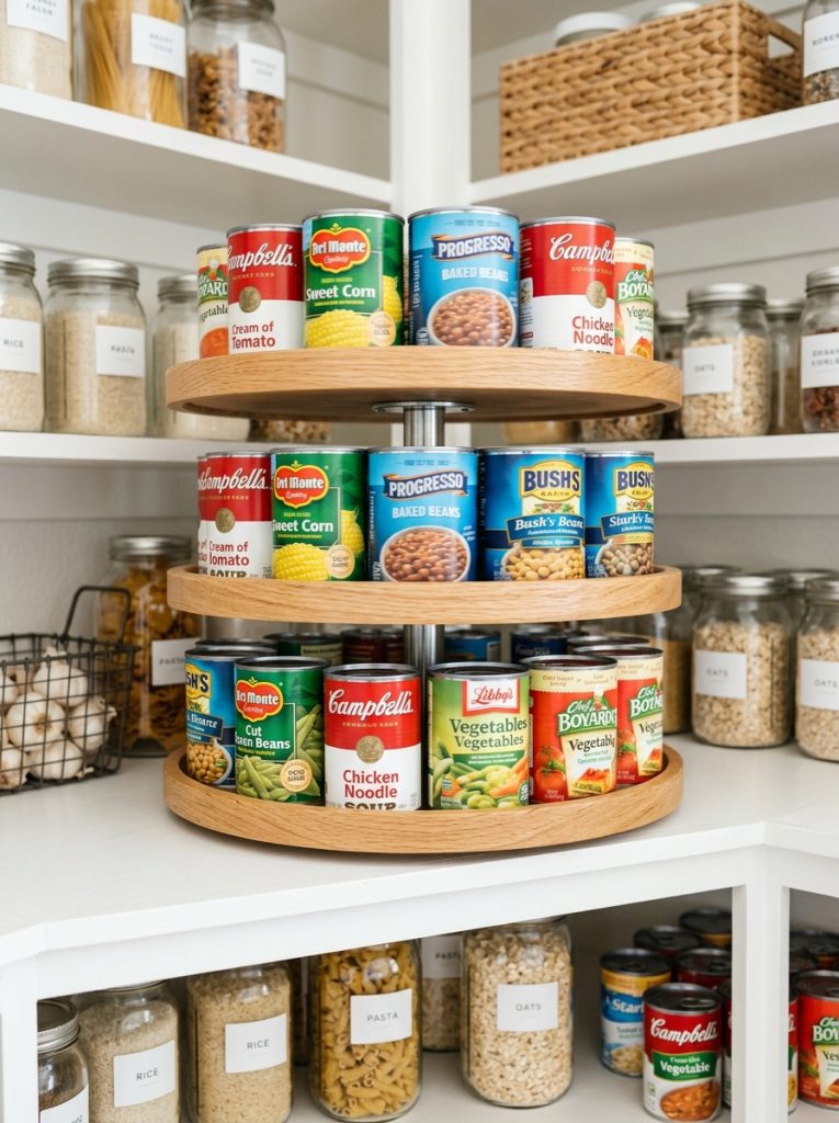  Rotating turntable canned food organizer on pantry shelf with cans spinning to face forward