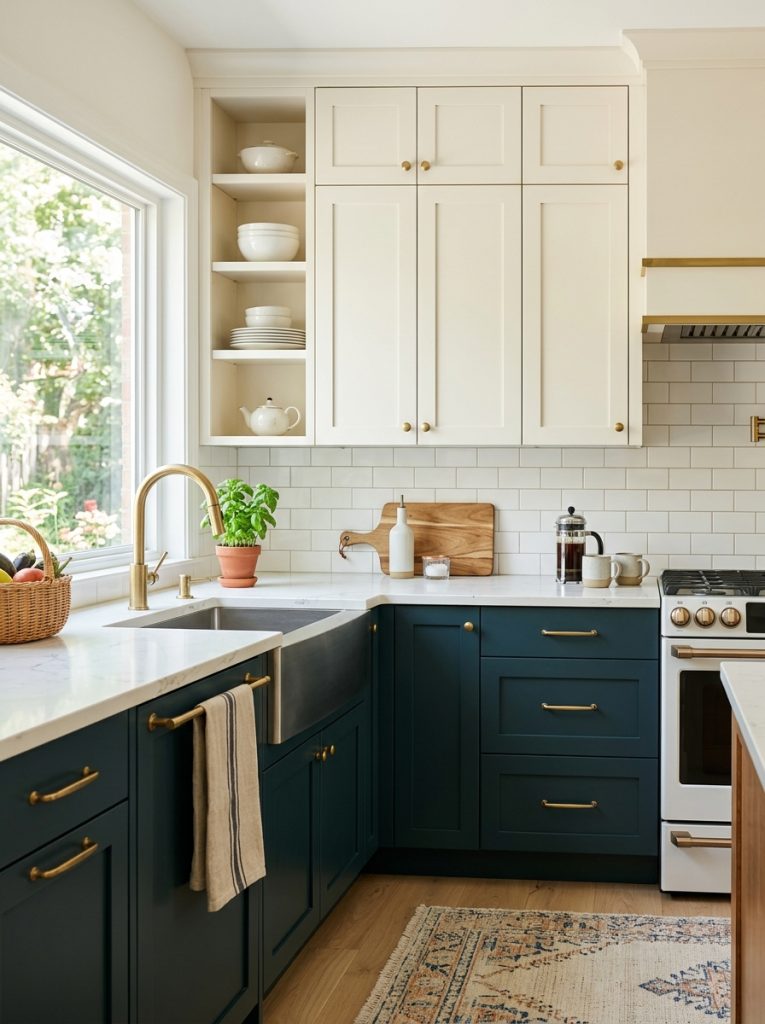  Beautiful two-tone DIY kitchen cabinets with white cream upper and navy green dark lower creating visually balanced professionally designed kitchen