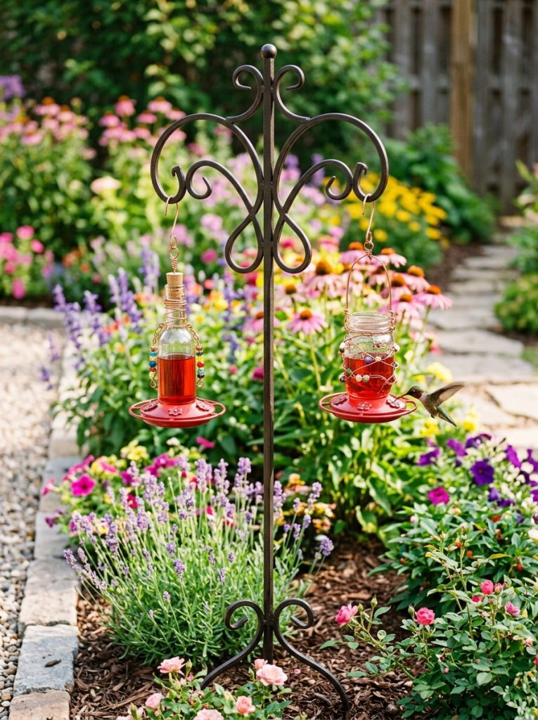 Two DIY hummingbird feeders hanging from decorative metal pole stand in bright sunny garden
