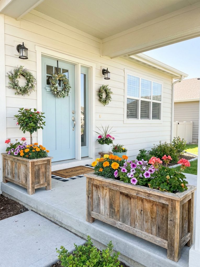 Two matching DIY wooden planter boxes on either side of front porch door with colorful flowers