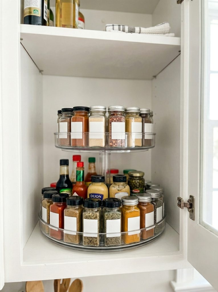 Two tier lazy susan inside kitchen corner cabinet holding spices jars and condiments