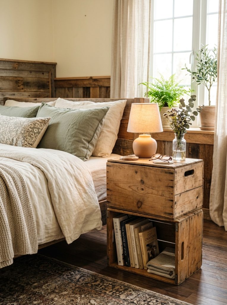 Two stacked wooden crates beside bed styled as DIY bedside table with lamp and books