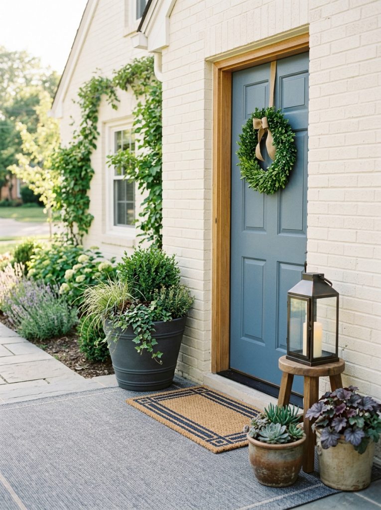 Beautiful uncovered outdoor entryway decor with weather-resistant planters rugs lanterns and hardy plants for exposed front entrances 