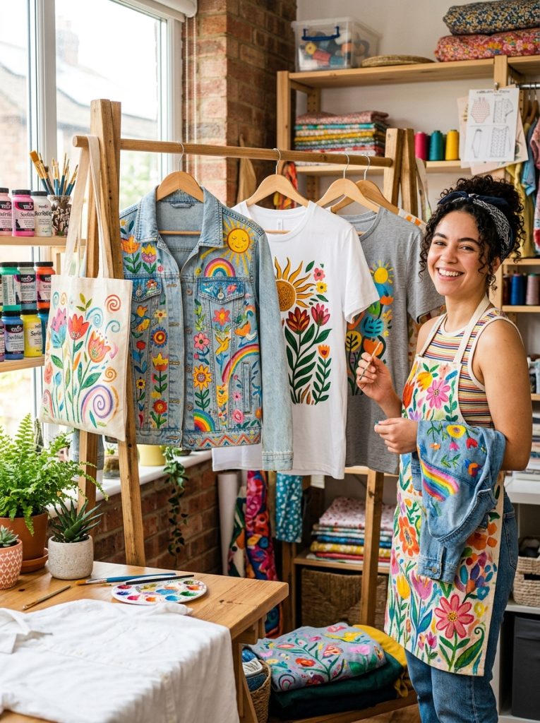  Beautiful upcycled clothes craft transformations with old t-shirts and denim jackets painted with fabric paint into wearable art 