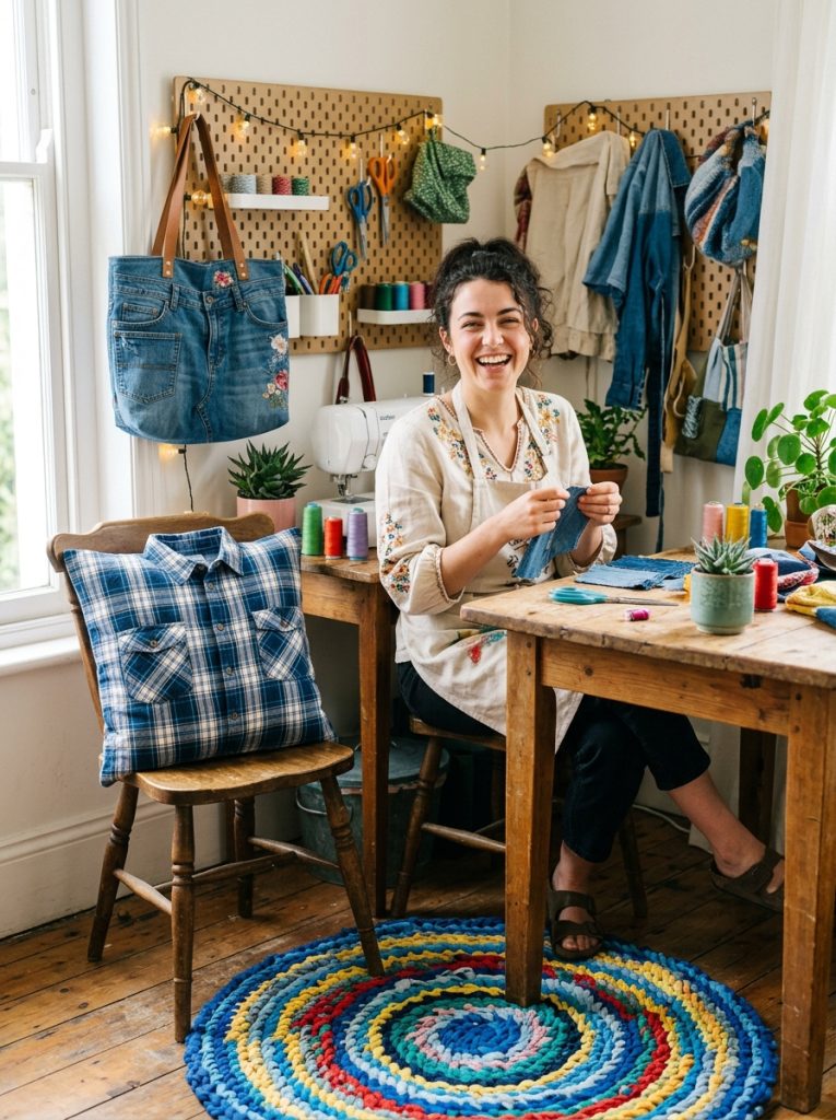 Beautiful upcycled clothes transformation crafts with jeans as tote bag oversized shirt as cushion and t-shirts braided into rug 