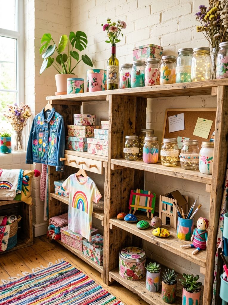 Complete impressive upcycled craft collection with glass jar lanterns wood shelves decoupage boxes painted clothes and kids crafts displayed 