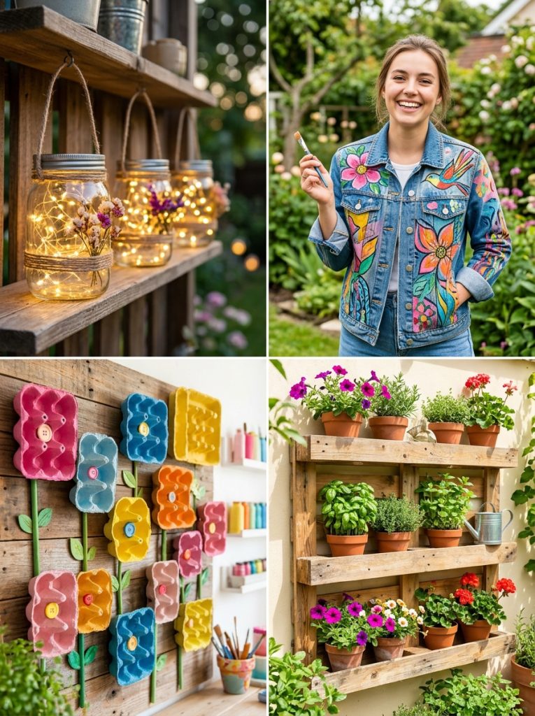 Four upcycled craft ideas including glass jar lanterns painted denim jacket egg carton flower wall art and wooden pallet garden shelf