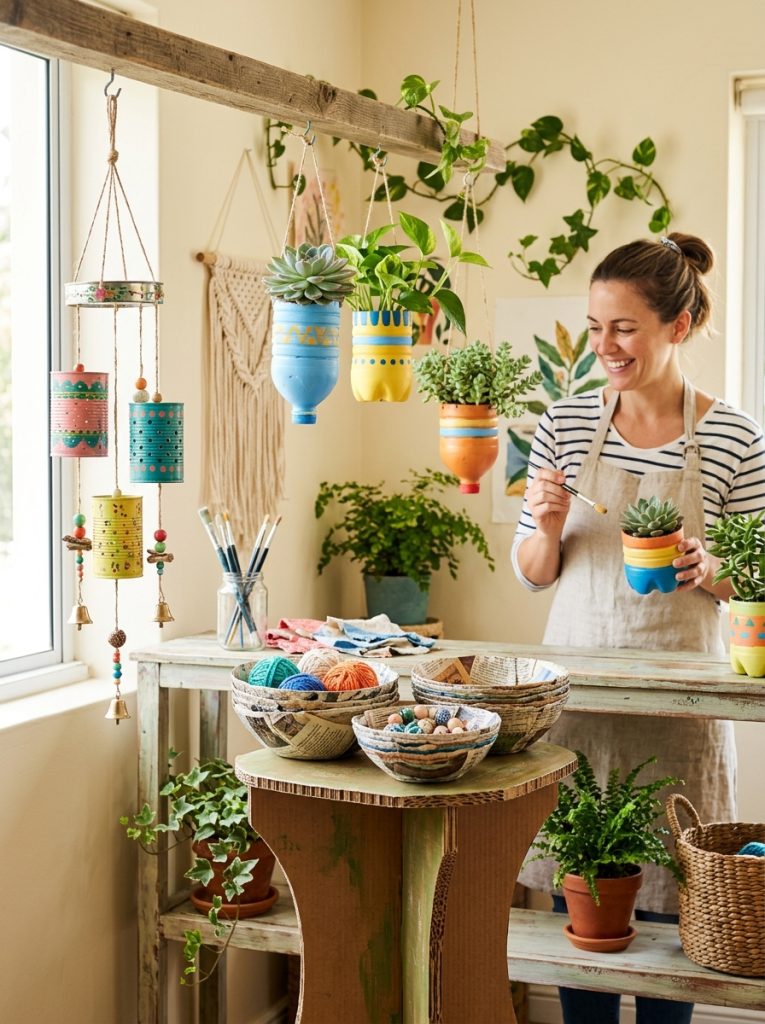 Creative upcycled craft projects from household items with cardboard furniture newspaper bowls plastic bottle planters and tin wind chime