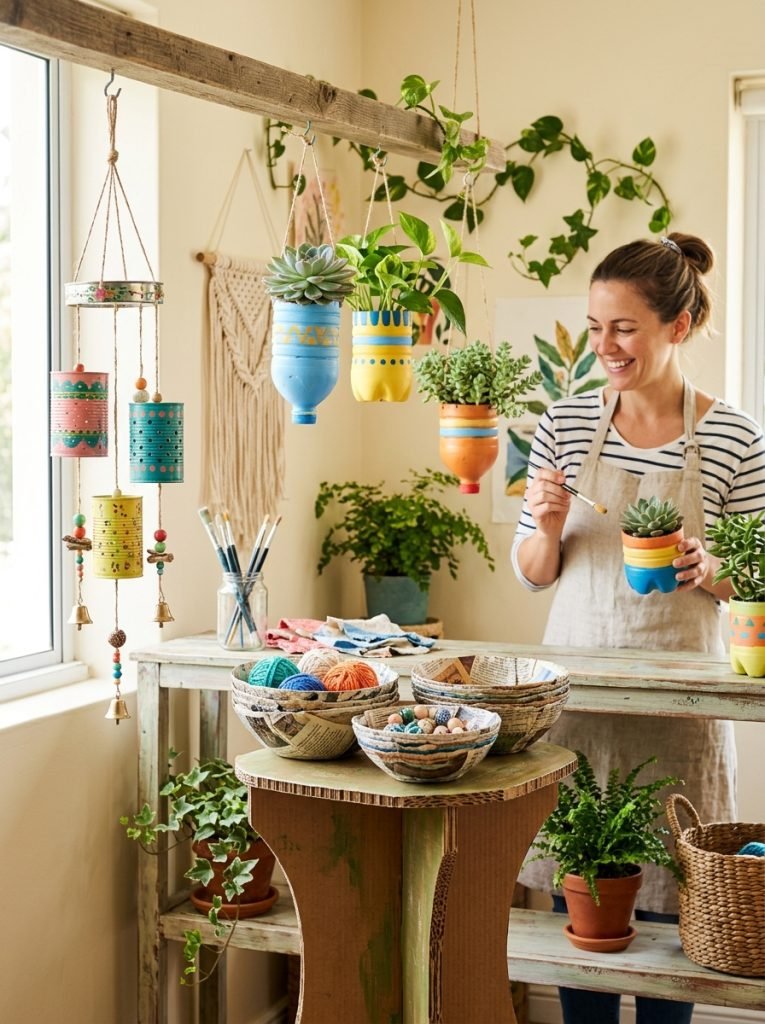 Creative upcycled craft projects from household items with cardboard furniture newspaper bowls plastic bottle planters and tin wind chime