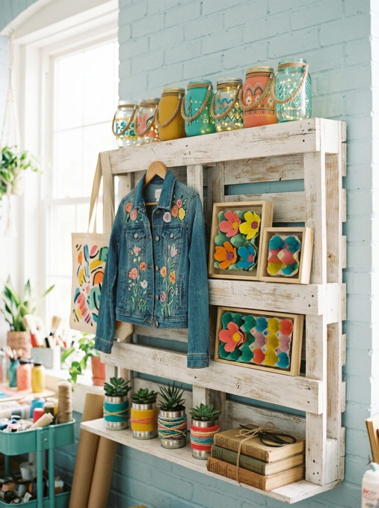 Beautiful upcycled crafts display with glass jar lanterns painted clothes wooden pallet shelves and egg carton art in creative collection