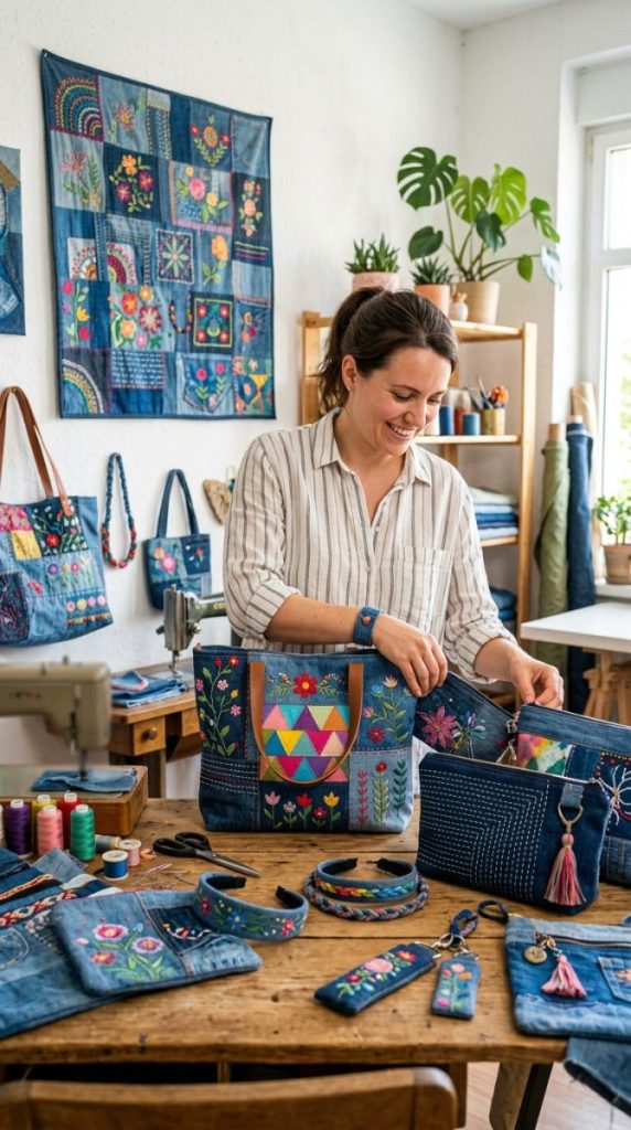  Beautiful upcycled denim fabric crafts with old jeans transformed into tote bags pouches patchwork wall art and decorated accessories 