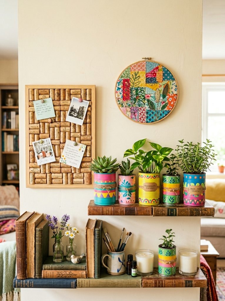 Beautiful upcycled home decor display with tin can planters wine cork notice board old book shelves and fabric scrap wall art 
