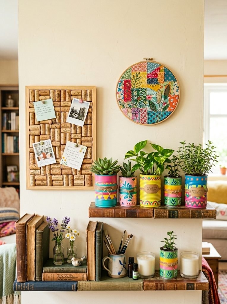 Beautiful upcycled home decor display with tin can planters wine cork notice board old book shelves and fabric scrap wall art