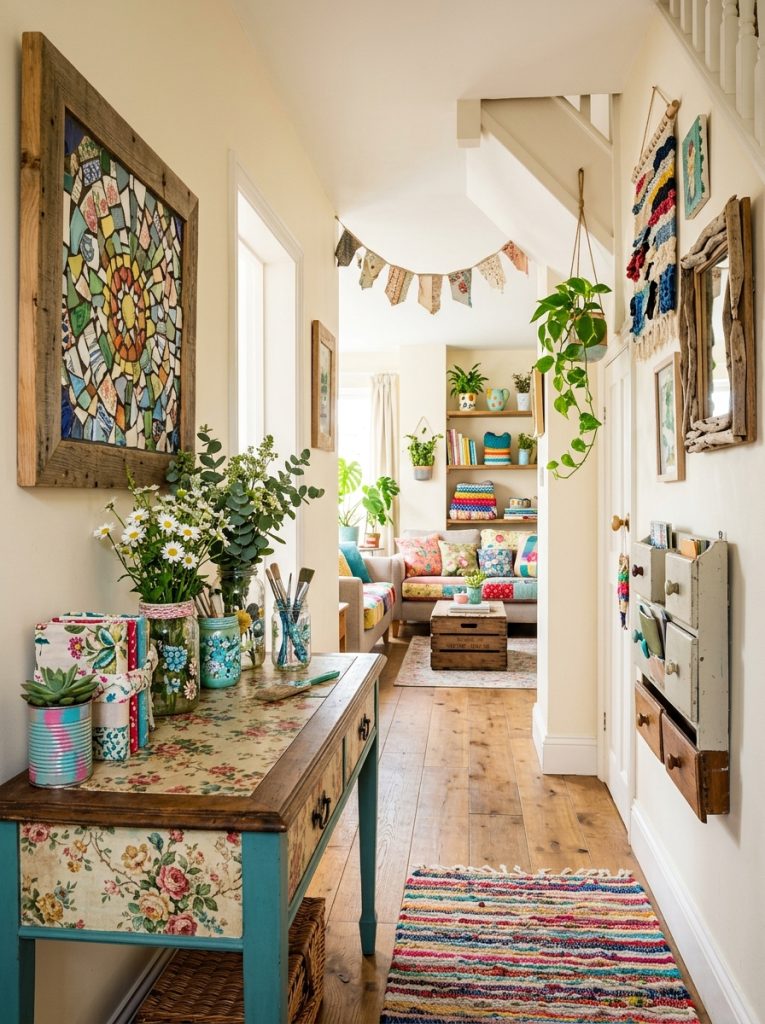 Beautifully upcycled home with multiple DIY craft projects showing decoupage furniture glass jar displays and fabric items together