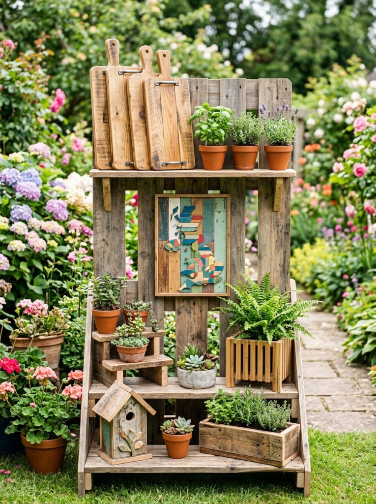  Beautiful upcycled wood craft projects with pallets reclaimed timber transformed into garden shelves serving boards wall art and plant stands