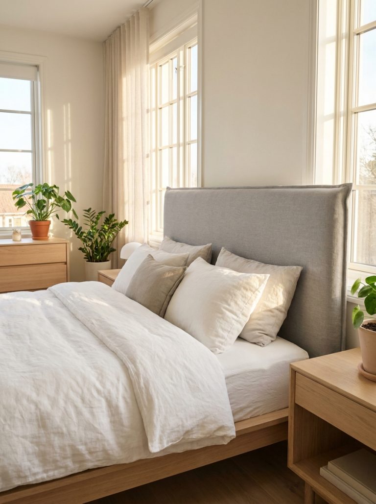 DIY upholstered fabric headboard in soft grey linen behind neatly made bed in bright minimal bedroom
