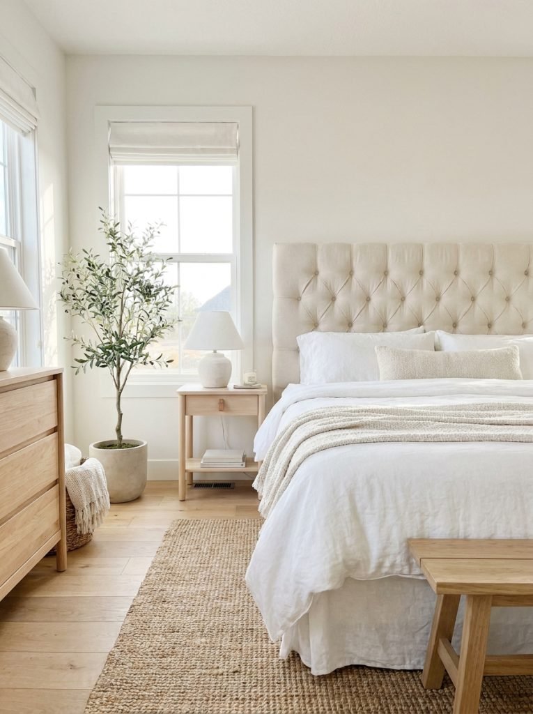 DIY upholstered fabric headboard in cream linen with button tufting behind neatly made bed bright bedroom