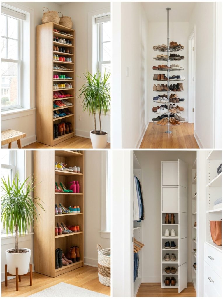 Beautiful vertical shoe storage towers and racks maximizing height to store large shoe collections in minimal floor footprint