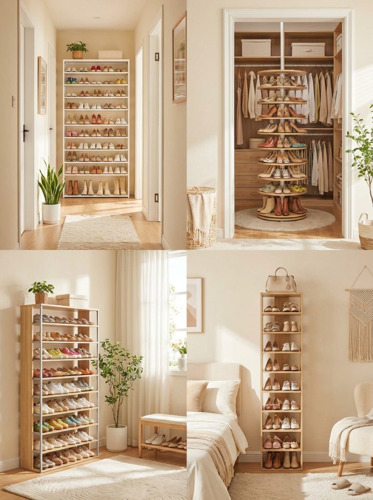 Beautiful vertical shoe tower storage with tall elegant towers displaying impressive collections in minimal floor footprint in hallways closets