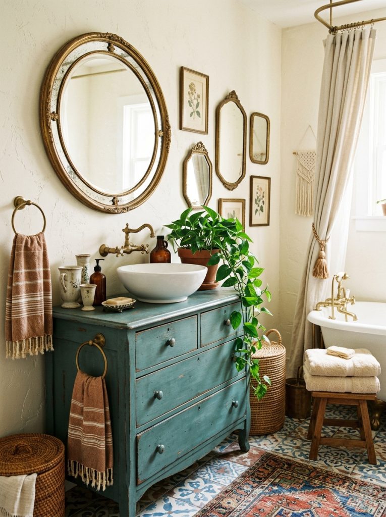 Beautiful vintage boho bathroom with vintage mirrors ceramic vessels antique fixtures repurposed furniture and boho accessories