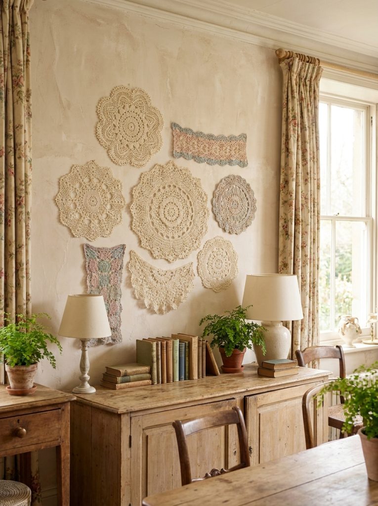 Beautiful vintage aesthetic crochet wall decor with lace-effect panels antique cream doily hangings classic patterns in vintage-styled interior