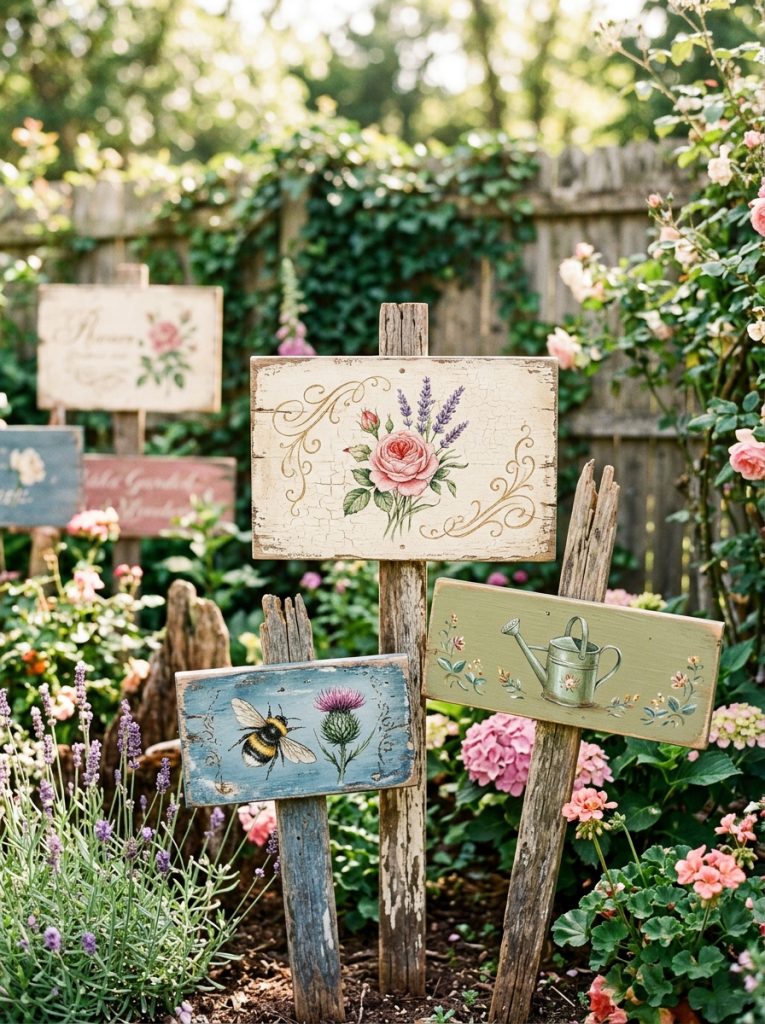  Beautiful vintage garden signs DIY with aged distressed finishes botanical illustrations old-fashioned lettering on weathered stakes rustic features 
