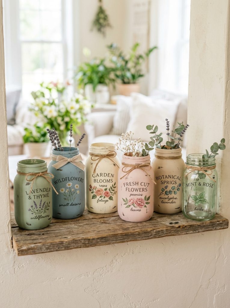 Beautiful aesthetic vintage mason jar painting with soft muted tones delicate floral botanical designs and vintage lettering 
