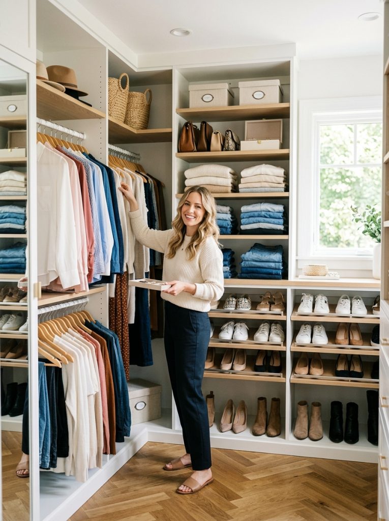  Walk in bedroom closet with clear zones for hanging folded clothes and shoes