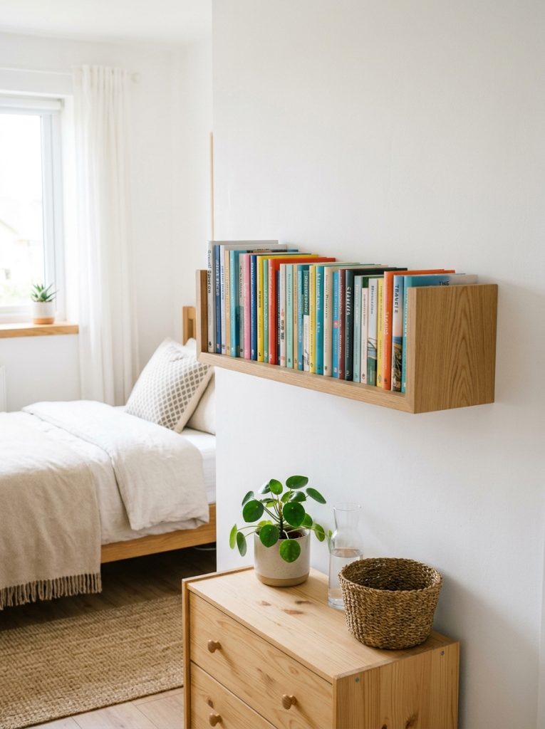 Wall mounted book storage shelf holding neat row of books in bright small bedroom minimal footprint