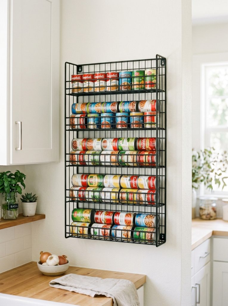 Wall mounted metal can organizer holding rows of canned goods on clean pantry wall