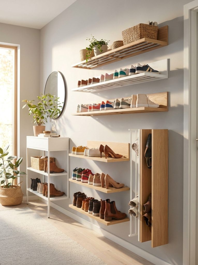 Beautiful wall mounted shoe rack storage with sleek racks displaying shoes elegantly on wall as functional storage and decorative display